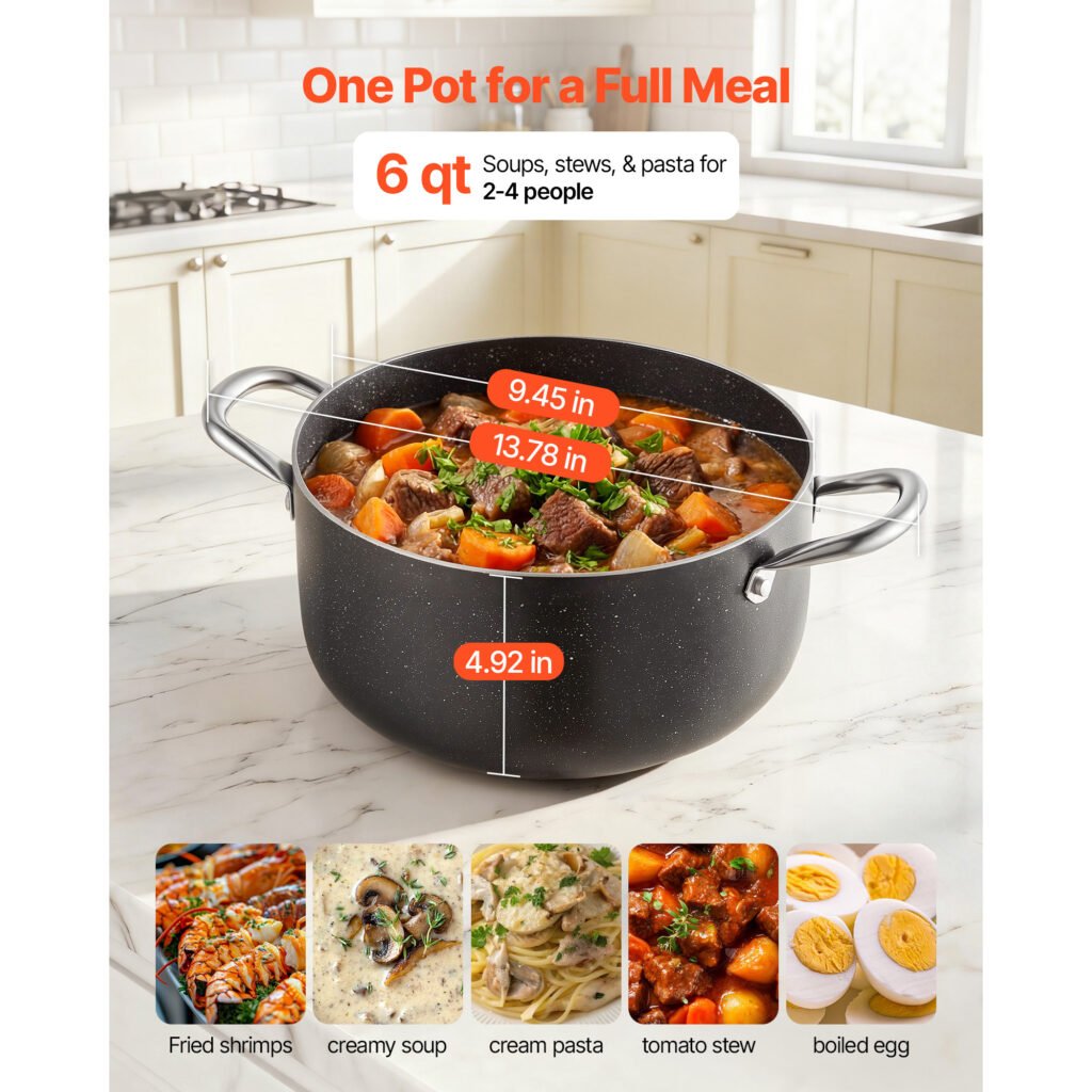 Aluminum Stock Pot, 6-Quart Nonstick Ceramic Coated Pot With Glass Lid, PFOA-Free, PFAS-Free, Compatible With Gas Stoves, Induction Cooktops, Electric Stoves, For Soups, Stews, And Pasta