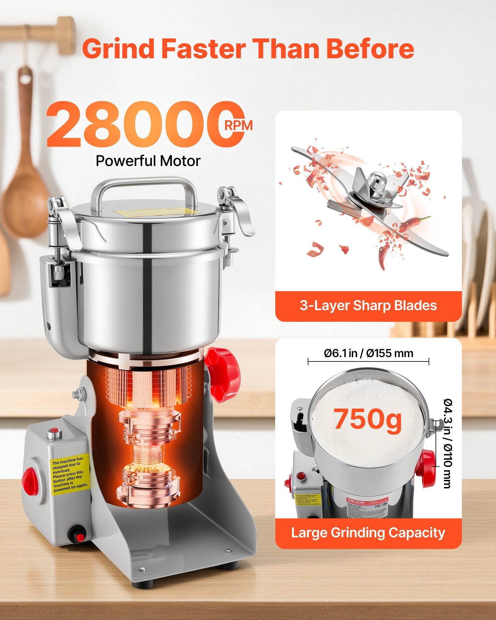 750g Electric Grain Mill Grinder, 2000W 28000RPM High Speed Spice Corn Dry Grinding Machine, Stainless Steel Pulverizer Powder Machine For Dried Grains Coffee Beans Spices Nuts (270° Swing Type) - Image 4