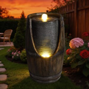 Outdoor Water Fountain With Bird Waterer, Rustic Barrel Garden Fountain With LED Lights And Pump, Faux Wood Resin Water Feature For Patio Backyard Porch Yard - Image 4