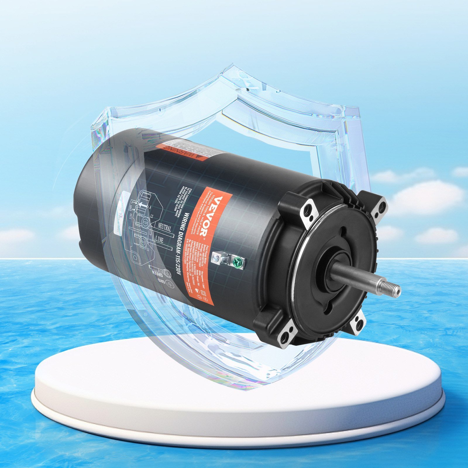 1 HP Pool Pump Motor, 56J Frame, 115V(9.8 Amps)/230V(4.9 Amps) 3450 RPM, 60Hz, 1.4 Service Factor, 90μF/250V Capacitor, CCW Rotation Round Flange Replacement Motor - Image 6