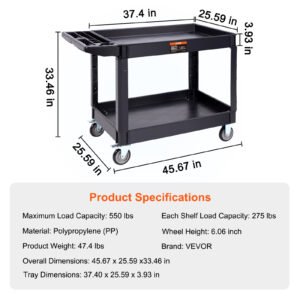 VEVOR Utility Service Cart, 2 Shelf 550LBS Heavy Duty Plastic Rolling Utility Cart With Swivel Wheels 2 With Brakes, Large Lipped Shelf, Ergonomic Storage Handle For Warehouse Garage Cleaning - Image 7