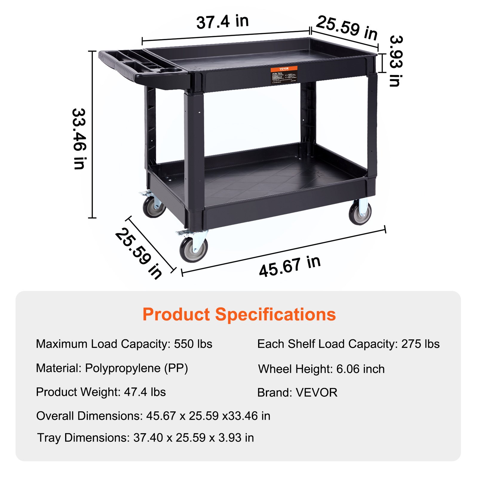 VEVOR Utility Service Cart, 2 Shelf 550LBS Heavy Duty Plastic Rolling Utility Cart With Swivel Wheels 2 With Brakes, Large Lipped Shelf, Ergonomic Storage Handle For Warehouse Garage Cleaning - Image 7