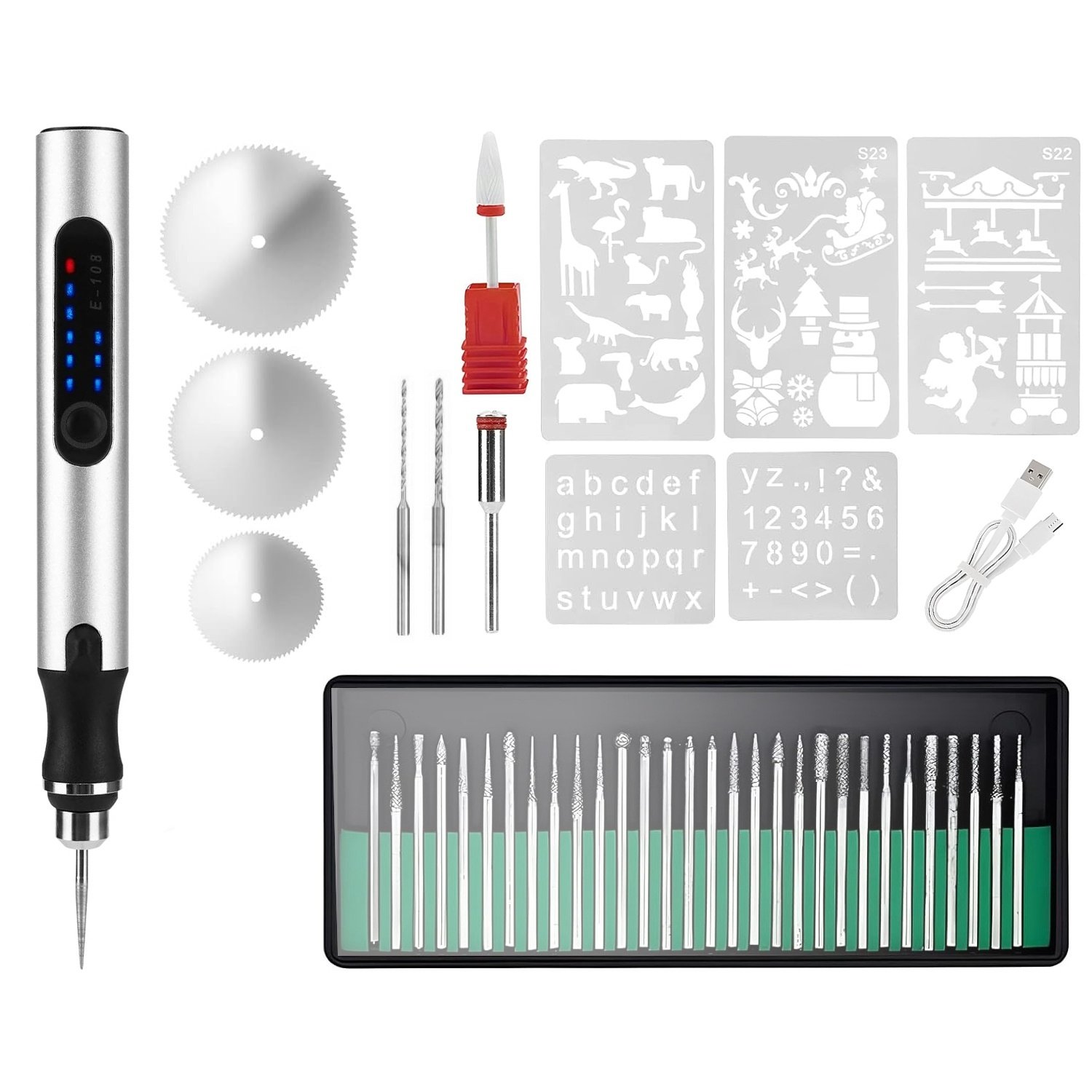 1Set Electric Engraving Pen With 33Pcs Burr Bits 5Pcs Stencils 3 Gears Speed Rechargeable Cordless Professional Engraver Etching Machine For Jewelry Glass Stone Metal Wood - Image 4