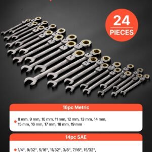Flex-Head Ratcheting Wrench Set, 24-Piece SAE And Metric, 72 Teeth, Cr-V Steel Ratchet Flexible Combination Wrench Set With Storage Case, For General Household, Automotive Repairs, Gray Nickel - Image 5