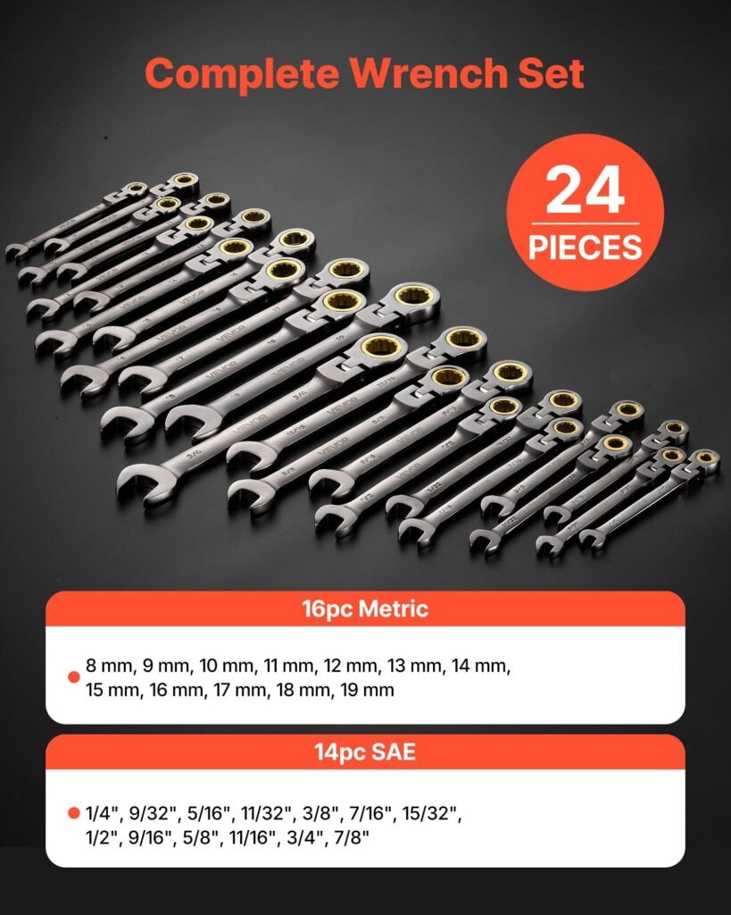 Flex-Head Ratcheting Wrench Set, 24-Piece SAE And Metric, 72 Teeth, Cr-V Steel Ratchet Flexible Combination Wrench Set With Storage Case, For General Household, Automotive Repairs, Gray Nickel
