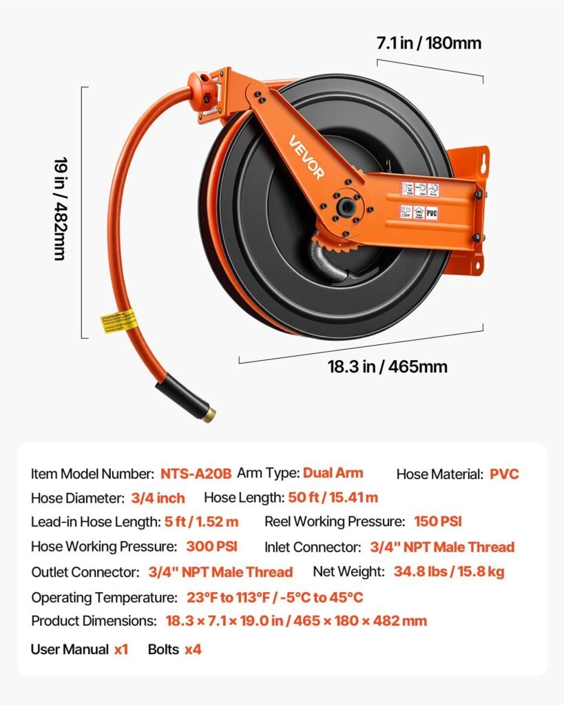 Retractable Air Hose Reel, 3/4 Inch X 50 FT PVC Air Hose Max 300PSI, Auto Rewind Air-Compressor Hoses Reel With 5 Ft Lead In, Ceiling/Wall Mount Heavy Duty Steel Double Arm