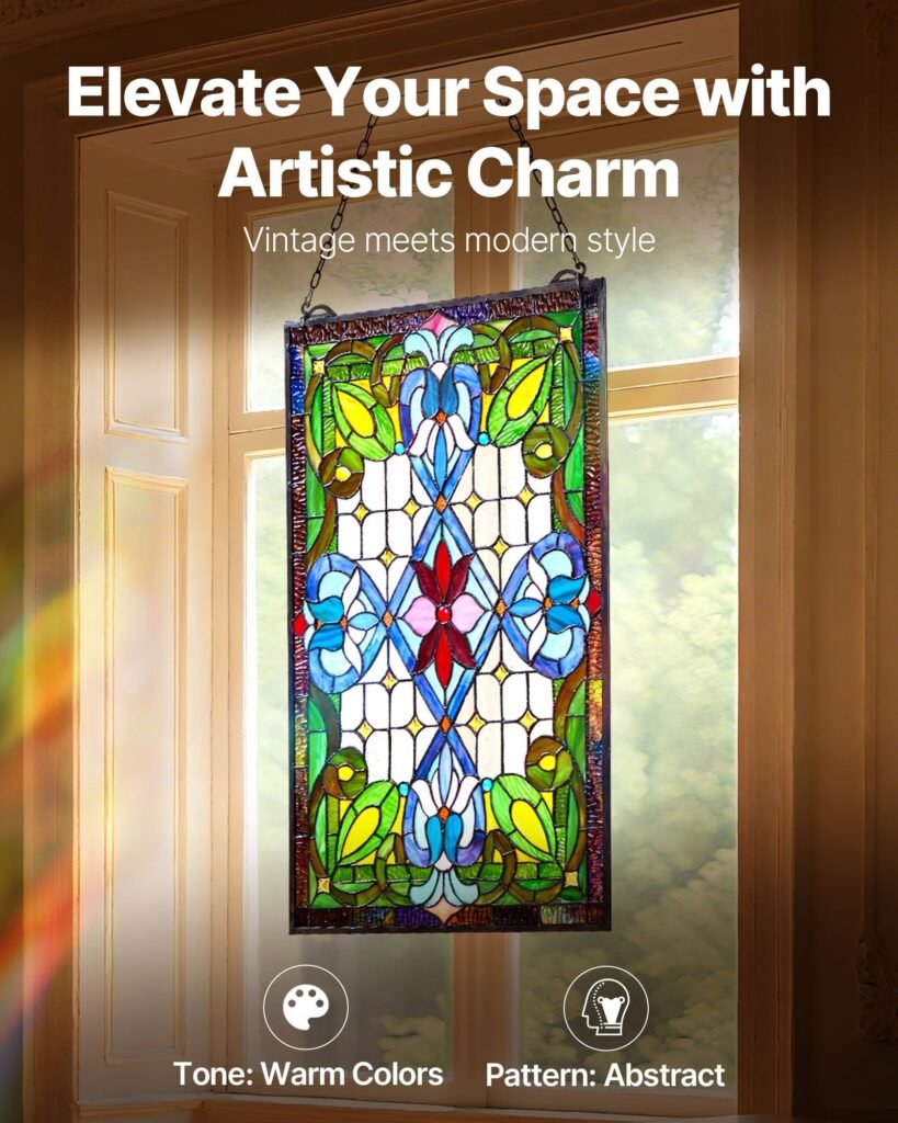 Stained Glass Window Panel, 17 X 29 In, Tiffany Style Hanging Transom Window Panel With Chain, Large Vertical Rectangle Stain Glass, Vintage Traditional Art Handcrafts For Kitchen Home Decor
