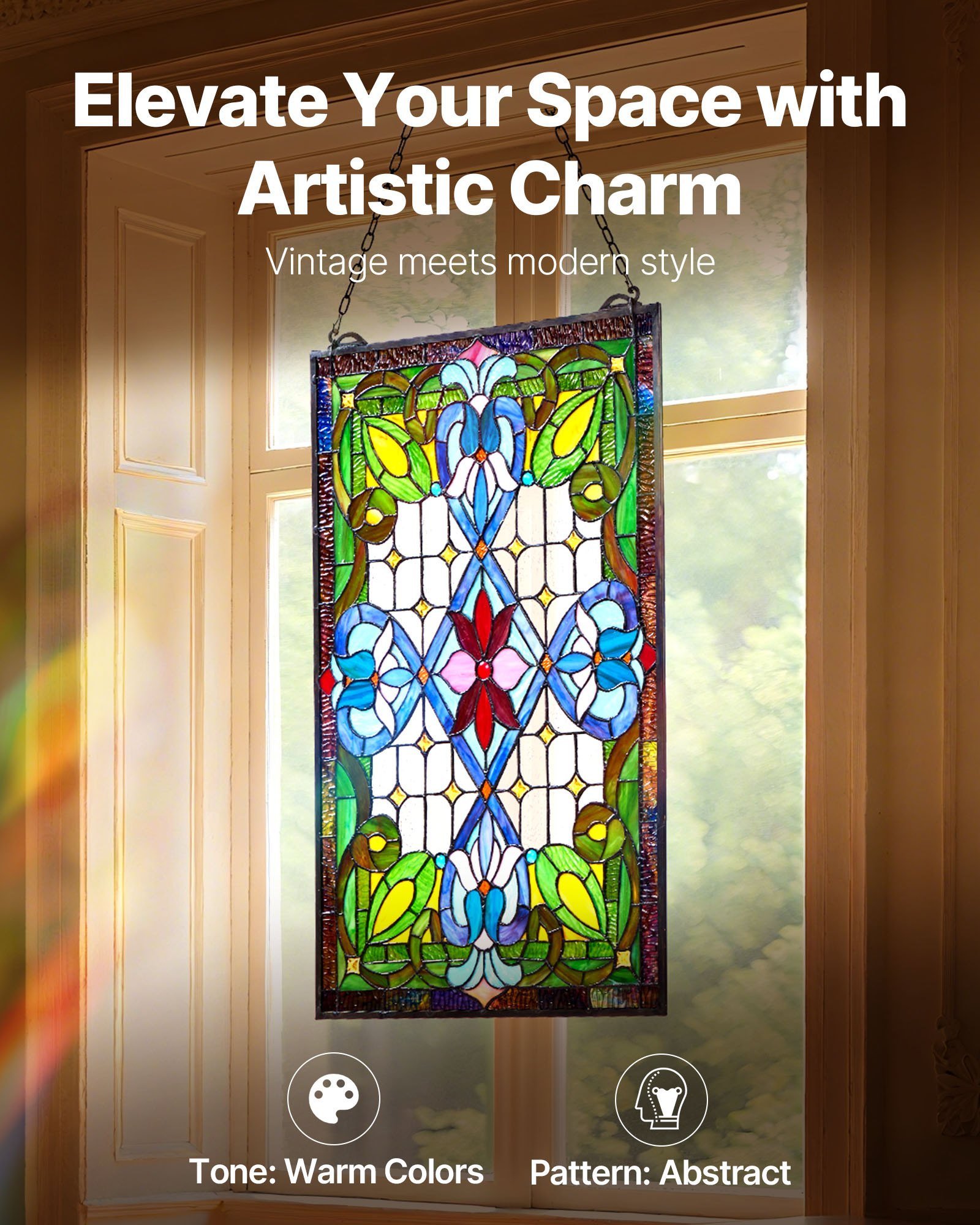 Stained Glass Window Panel, 17 X 29 In, Tiffany Style Hanging Transom Window Panel With Chain, Large Vertical Rectangle Stain Glass, Vintage Traditional Art Handcrafts For Kitchen Home Decor - Image 5
