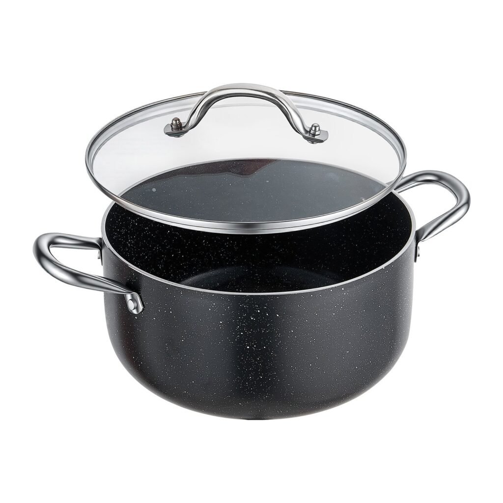 Aluminum Stock Pot, 6-Quart Nonstick Ceramic Coated Pot With Glass Lid, PFOA-Free, PFAS-Free, Compatible With Gas Stoves, Induction Cooktops, Electric Stoves, For Soups, Stews, And Pasta