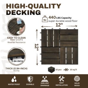 Acacia Wood Interlocking Deck Tiles Checker Pattern, 10PCS 12inch X 12inch Square Dark Brown Acacia Hardwood Outdoor Flooring For Patio, Bancony, Pool Side - Image 10
