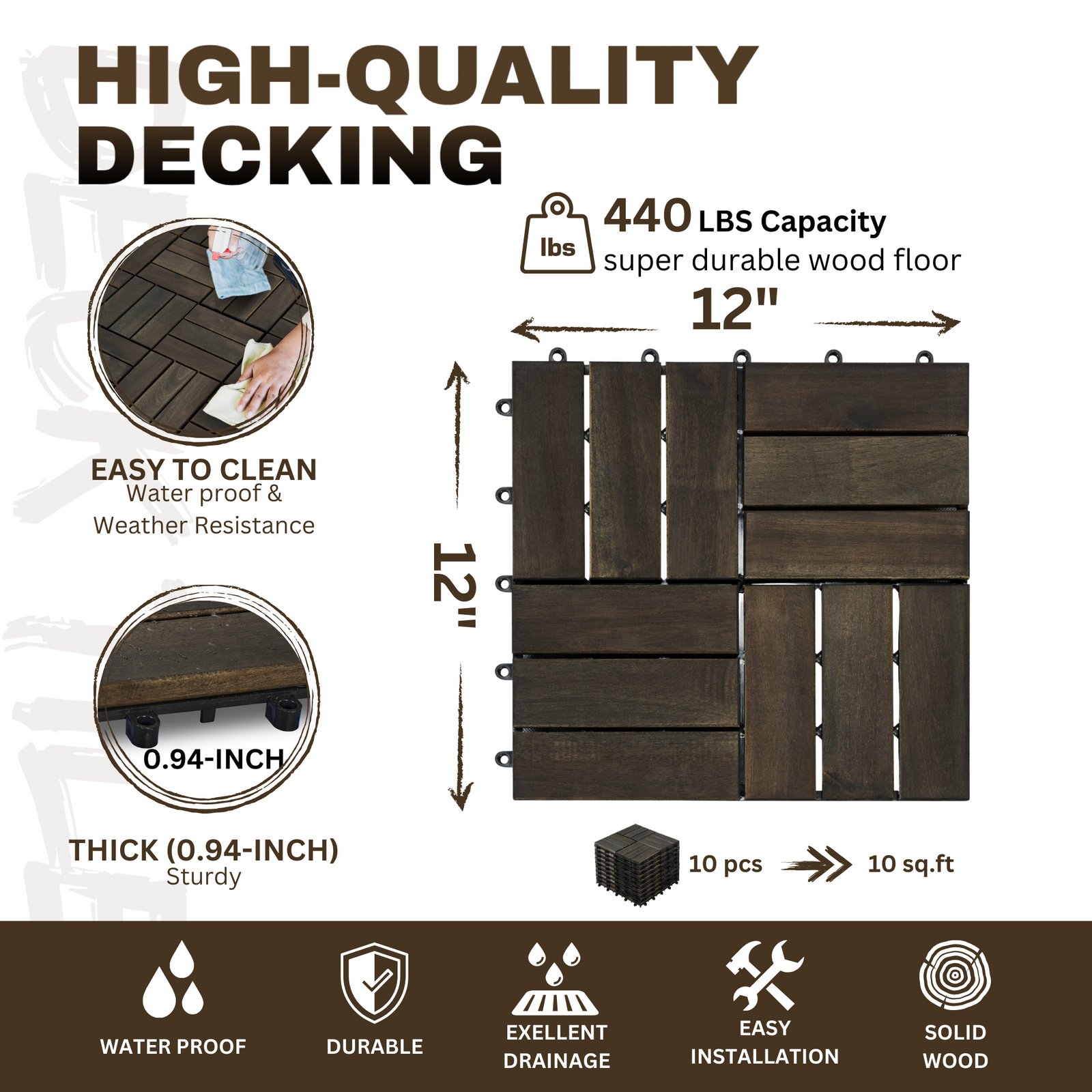Acacia Wood Interlocking Deck Tiles Checker Pattern, 10PCS 12inch X 12inch Square Dark Brown Acacia Hardwood Outdoor Flooring For Patio, Bancony, Pool Side - Image 10