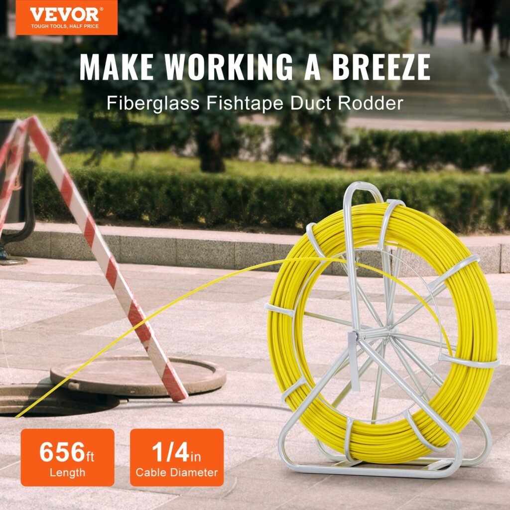 Fish Tape Fiberglass, 656 Ft, 1/4 Inch, Duct Rodder Fishtape Wire Puller, Cable Running Rod With Steel Reel Stand, 3 Pulling Heads, Fishing Tools For Walls And Electrical Conduit, Non-Conductive