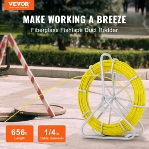 Fish Tape Fiberglass, 656 Ft, 1/4 Inch, Duct Rodder Fishtape Wire Puller, Cable Running Rod With Steel Reel Stand, 3 Pulling Heads, Fishing Tools For Walls And Electrical Conduit, Non-Conductive - Image 2