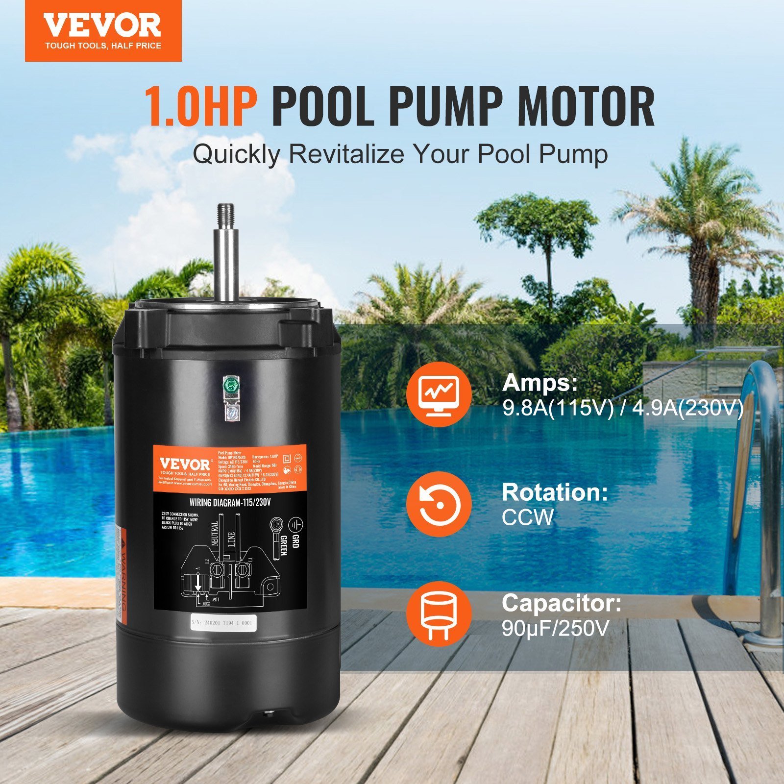 1 HP Pool Pump Motor, 56J Frame, 115V(9.8 Amps)/230V(4.9 Amps) 3450 RPM, 60Hz, 1.4 Service Factor, 90μF/250V Capacitor, CCW Rotation Round Flange Replacement Motor - Image 4