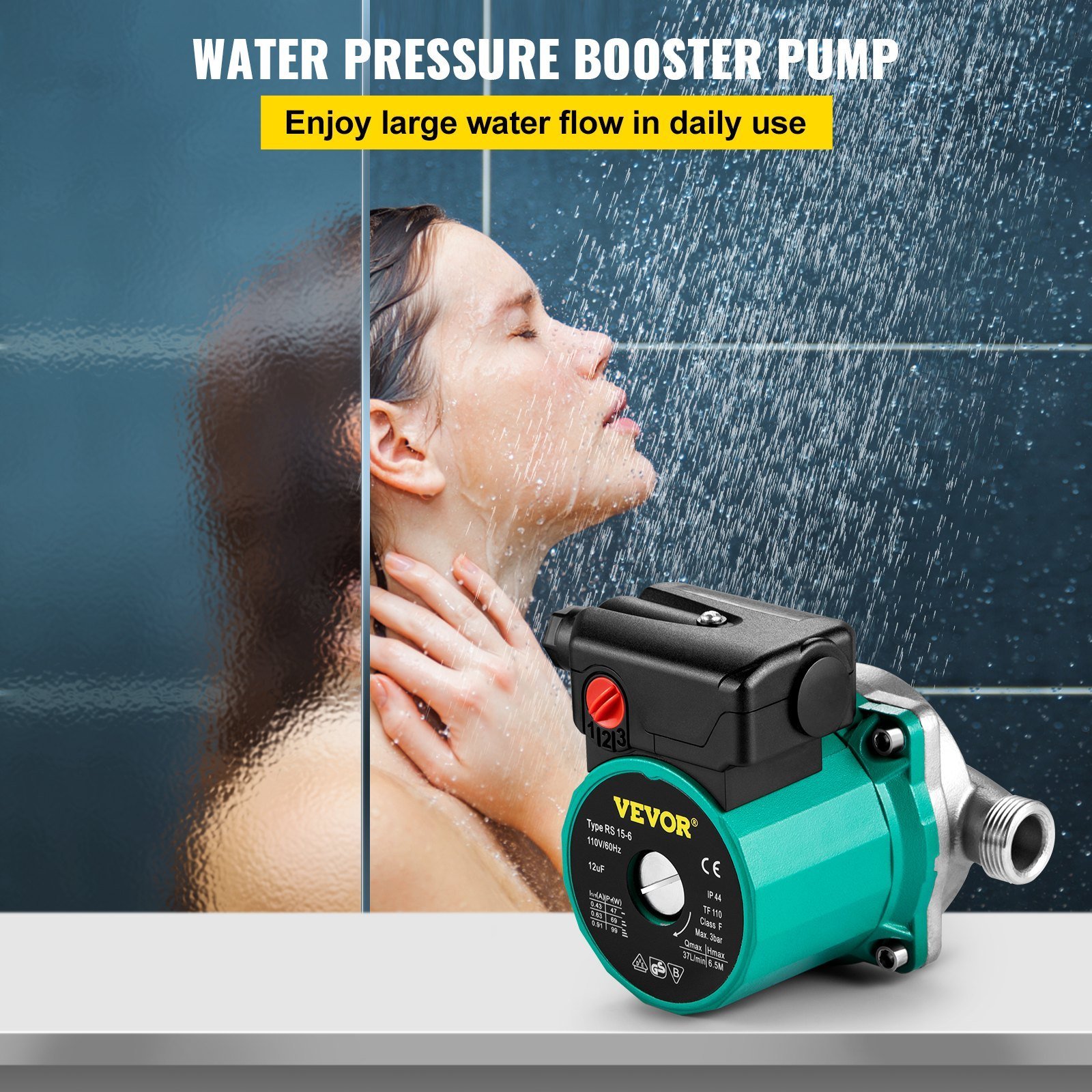 Hot Water Recirculating Pump, 93W, 110V Water Circulator Pump, Circulation Pump, 3/4″ G Thread To 1/2″ NPT Brass Adapter, Stainless Steel Head, 3 Speed Control For Electric Water Heater System - Image 4