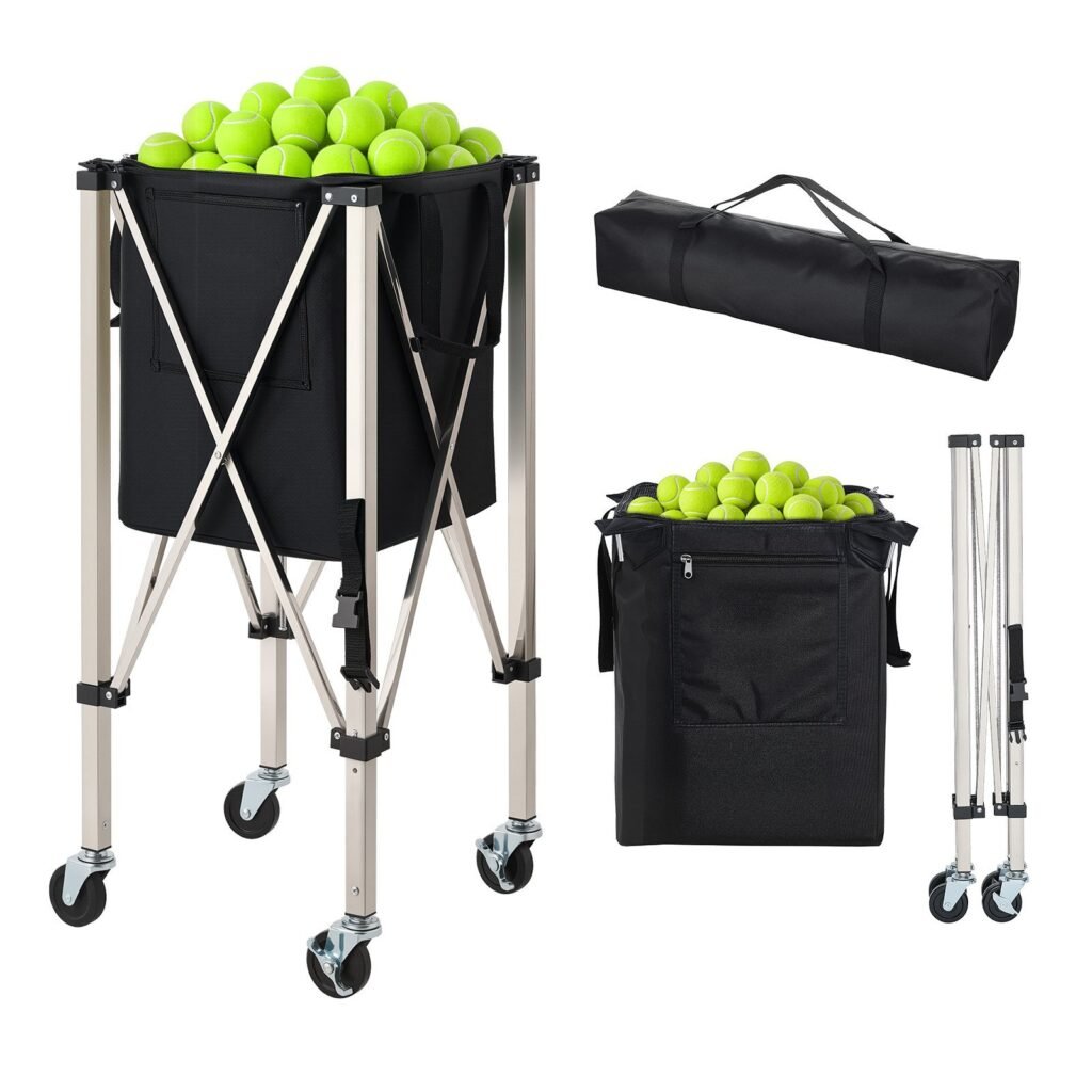 Tennis Ball Hopper, Holds 200 Tennis Balls, Foldable Pickleball Basket Cart With Wheels For Easy Pick Up, Stainless Steel Portable Pickleball Cart Caddy With Storage Bag, For Training Teaching