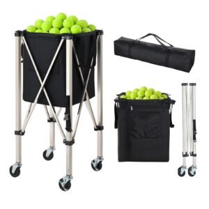 Tennis Ball Hopper, Holds 200 Tennis Balls, Foldable Pickleball Basket Cart With Wheels For Easy Pick Up, Stainless Steel Portable Pickleball Cart Caddy With Storage Bag, For Training Teaching