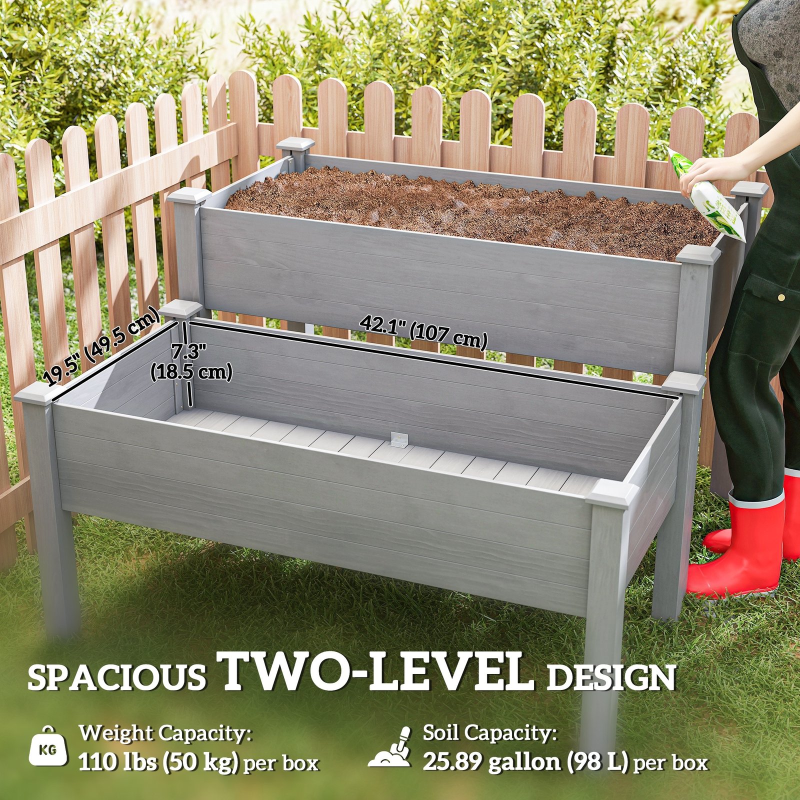 2 Tier Raised Garden Bed, Wooden Elevated Planter Box with Legs, Outdoor Plant Bed for Flowers Vegetables Herbs Gray - Image 4