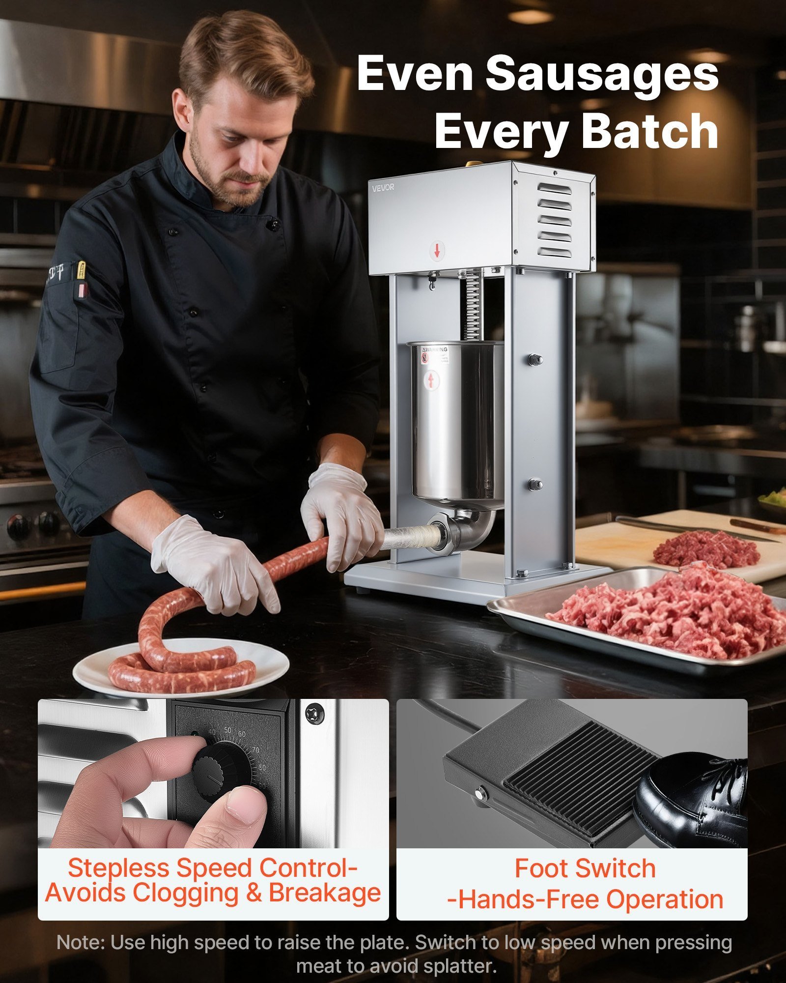 Electric Sausage Stuffer, 22 LBS / 10 L Vertical Meat Filler With Stepless Speed Adjustment, Stainless Steel Sausage Stuffing Machine, Foot Pedal & 4 Filling Tubes, For Commercial And Home Use - Image 3