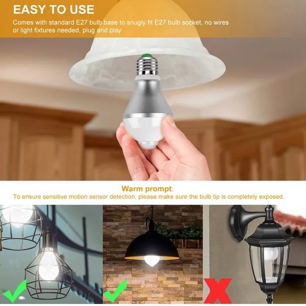 E27 Motion Sensor Light Bulb 9W/5W 1000LM 6500K Dusk To Dawn Automatic On/Off LED Light Bulb Indoor Outdoor Use