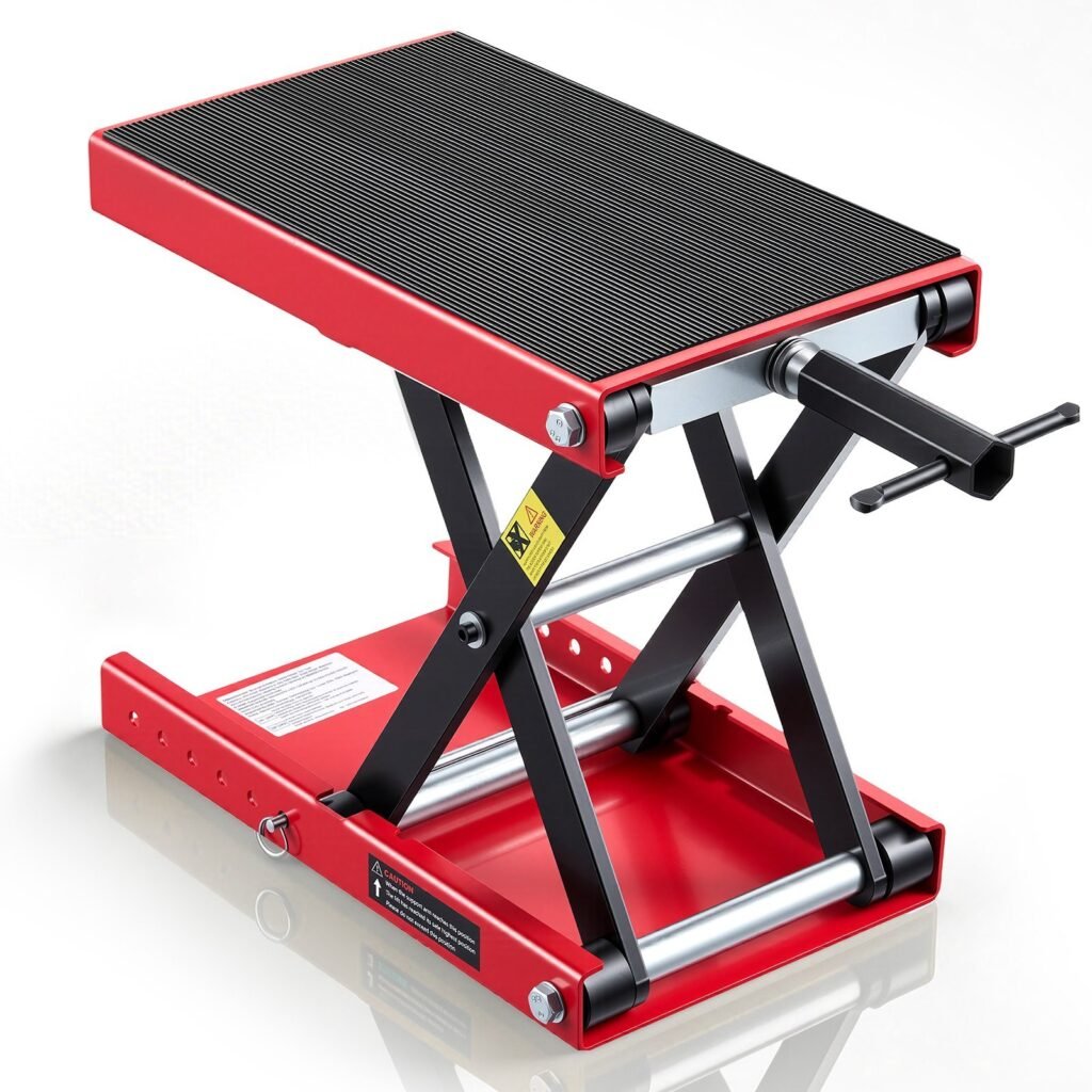 Motorcycle Lift, 1100 Lbs Motorcycle Scissor Lift Jack With Wide Deck & Lock Pin, 3.74-13.38 Center Hoist Crank Stand, Steel Scissor Jack For Street Bikes, Cruiser Bikes, Touring, Red Black
