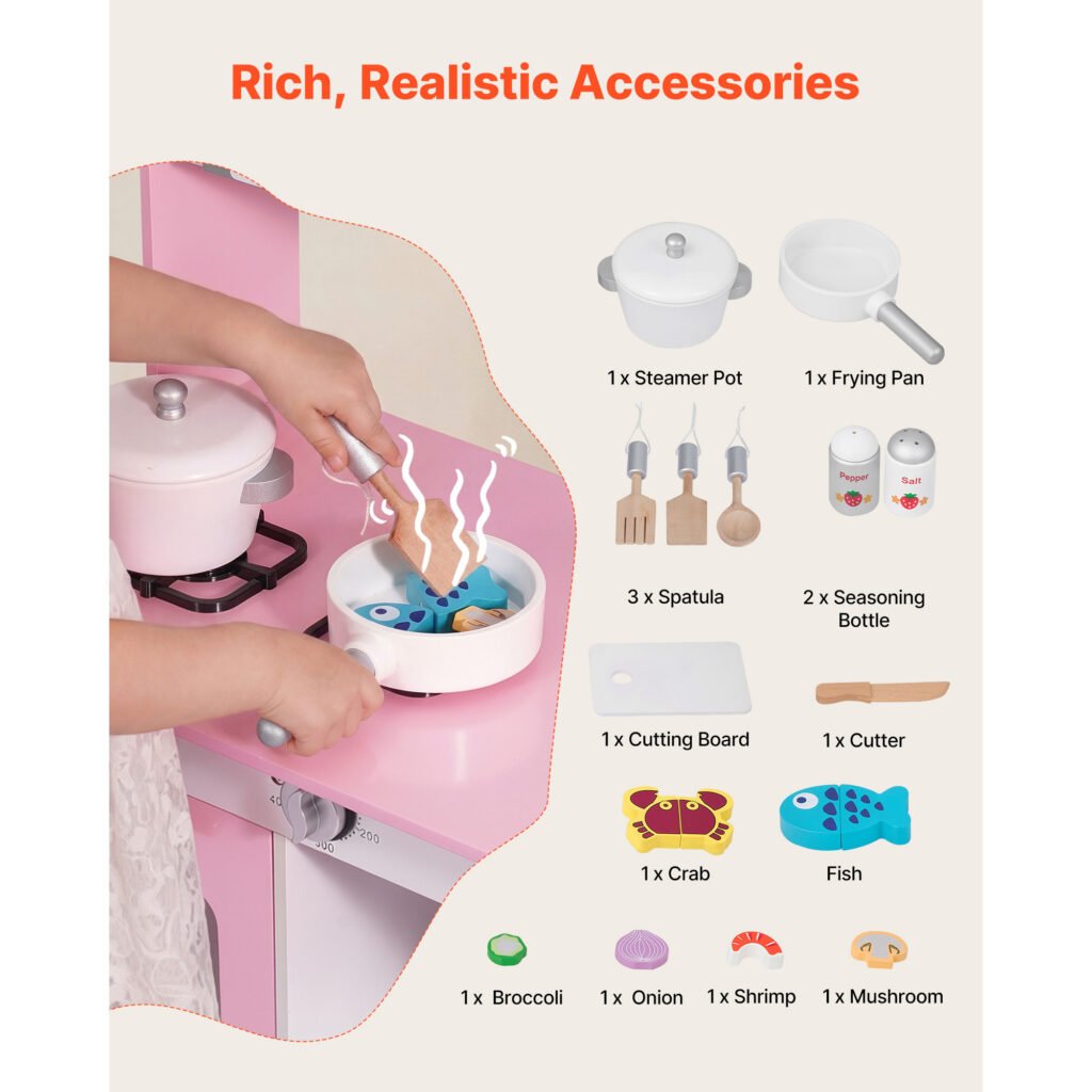 Play Kitchen For Kids, Wooden, Kids Kitchen Playset With Real Lights & Sounds, Food & Cookware Accessories, Pretend Play Toy Set, Range Hood, Microwave, For Toddlers, Girls & Boys Ages 3-8, P Ink
