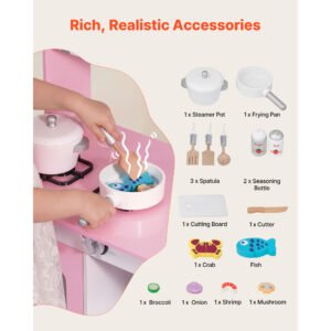 Play Kitchen For Kids, Wooden, Kids Kitchen Playset With Real Lights & Sounds, Food & Cookware Accessories, Pretend Play Toy Set, Range Hood, Microwave, For Toddlers, Girls & Boys Ages 3-8, P Ink - Image 3