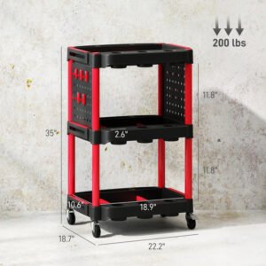 3-Tier Rolling Tool Cart, 200 LBS Capacity Plastic Utility Cart With Side Shelves For Garage, Workshop, Black And Red - Image 11