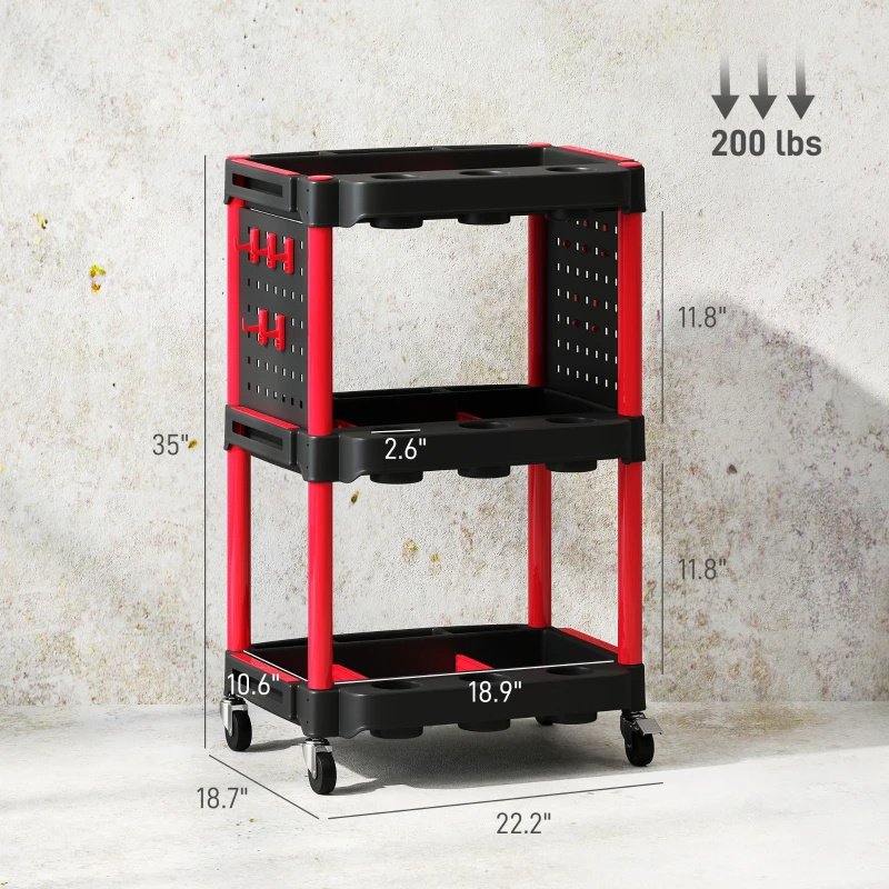3-Tier Rolling Tool Cart, 200 LBS Capacity Plastic Utility Cart With Side Shelves For Garage, Workshop, Black And Red