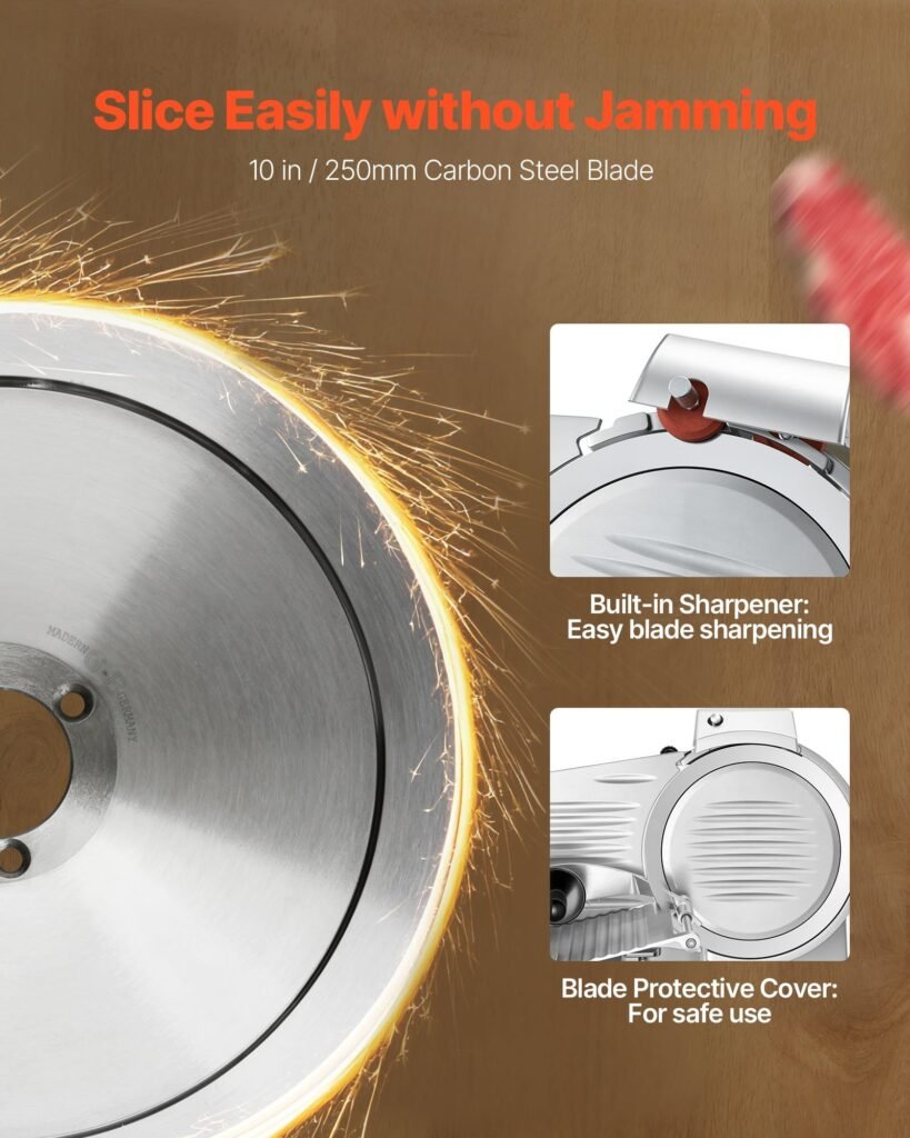 10" Commercial Meat Slicer, 240W Electric Deli Food Slicer With Carbon Steel Blade, Built-In Sharpener & 0-0.47" Adjustable Thickness For Frozen Meat, Ham, Baguett, Steak, UL Approved
