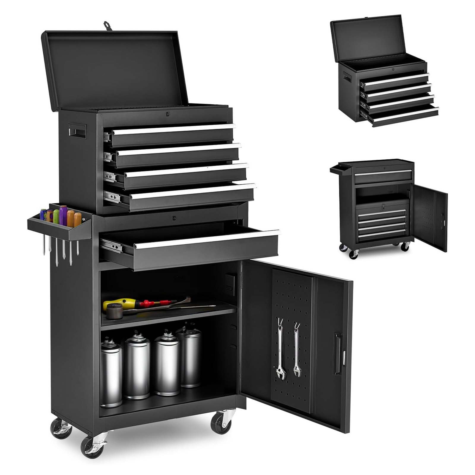 Excelo Tool Chest, 5-Drawer Rolling Tool Storage Cabinet With Detachable Top Tool Box, Liner, Universal Lockable Wheels, Adjustable Shelf, Locking Mechanism, Metal Tool Cart For Garage Workshop - Image 8