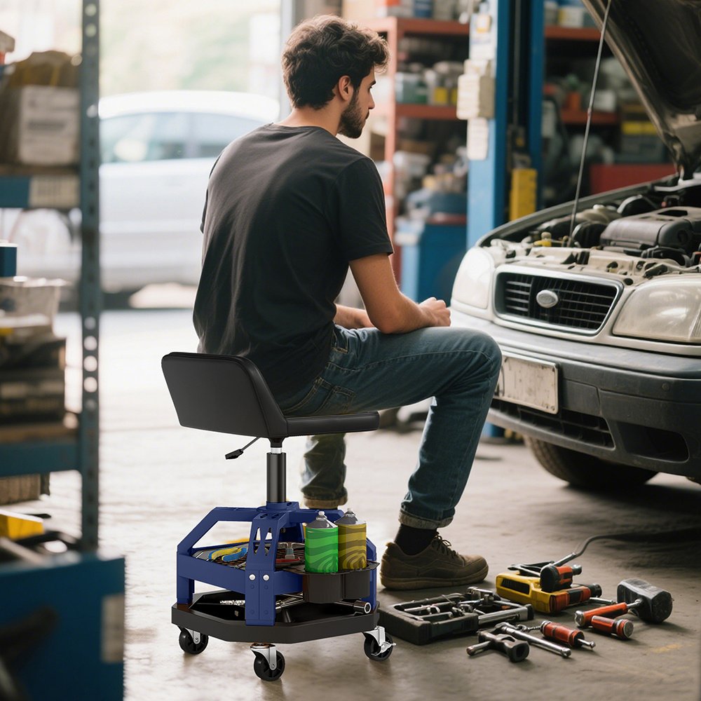 Rolling Creeper Garage Stool, 300 LBS Capacity Mechanic Stool With 360 Degrees Wheels, Tool Tray, Adjustable Height, Blue