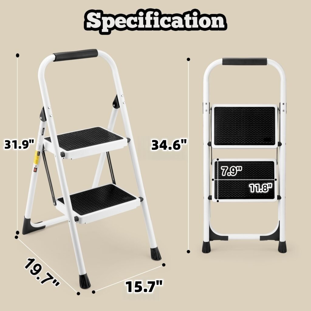 2 Step Folding Ladder Stool In White - Compact Design For Home Use