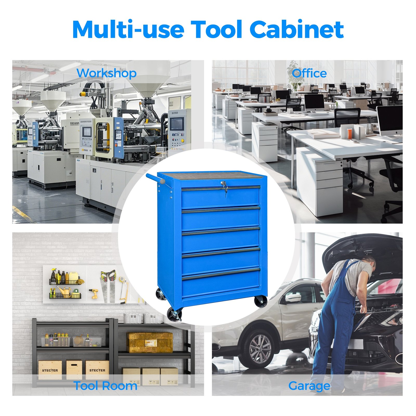 Rolling Metal Tool Chest with 5 Drawers, 20" 5-Drawer Tool Chest Cabinet with Ball Bearing Drawer Slides, Steel Tool Storage Box Organizer -BLUE - Image 10