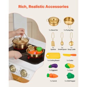 Play Kitchen For Kids, Wooden, Kids Kitchen Playset With Real Lights & Sounds, Food & Cookware Accessories, Pretend Play Toy Set, Sink, Oven, Stove, Cabinet, For Toddlers, Girls & Boys Ages 3-8 - Image 2
