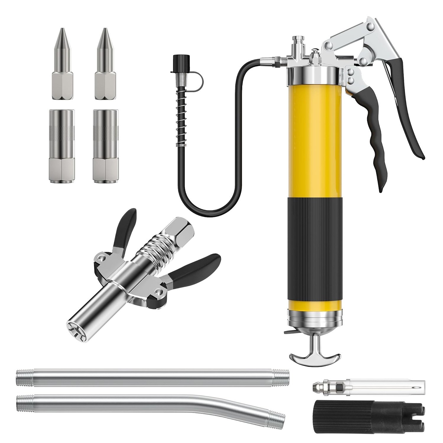 1Pc Grease Gun Kit Fit For 14 Oz Grease Tube 7000 PSI High Pressure Pistol Grip Grease Gun With Lock Coupler 11in Spring Flex Hose Jaw Couplers Sharp Nozzles - Image 10