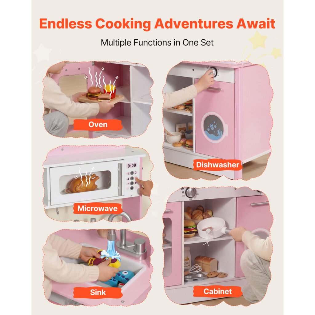 Play Kitchen For Kids, Wooden, Kids Kitchen Playset With Real Lights & Sounds, Food & Cookware Accessories, Pretend Play Toy Set, Range Hood, Microwave, For Toddlers, Girls & Boys Ages 3-8, P Ink