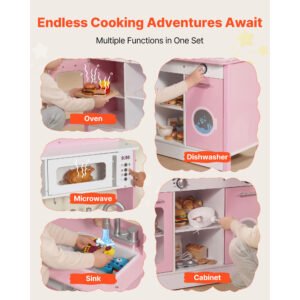 Play Kitchen For Kids, Wooden, Kids Kitchen Playset With Real Lights & Sounds, Food & Cookware Accessories, Pretend Play Toy Set, Range Hood, Microwave, For Toddlers, Girls & Boys Ages 3-8, P Ink - Image 5