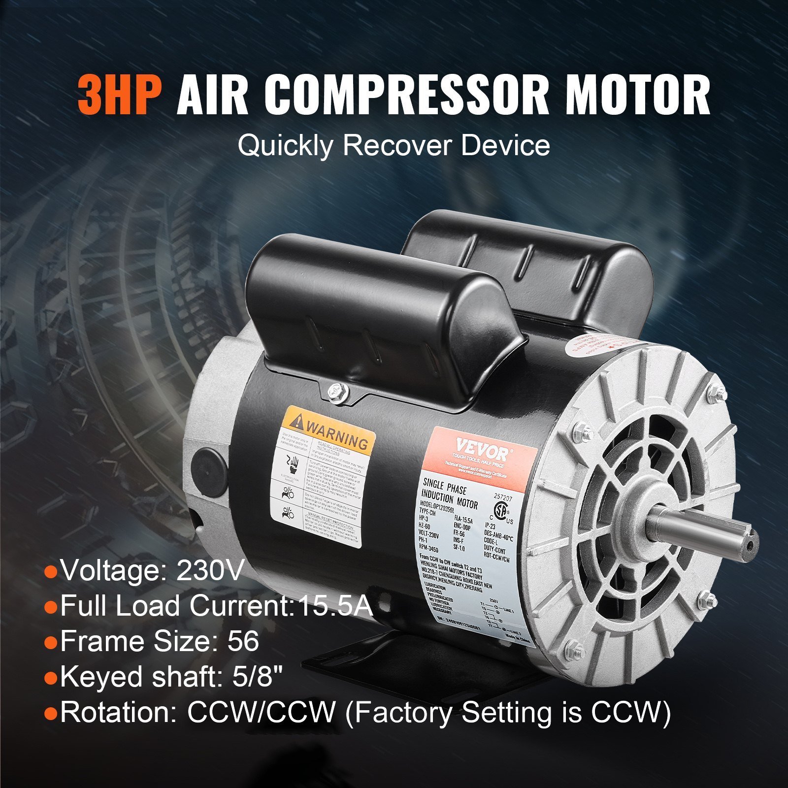 3HP Air Compressor Electric Motor 230V 15.5A 3450RPM 56 Frame CW/CCW Rotation (Factory Setting Is CCW) - Image 2