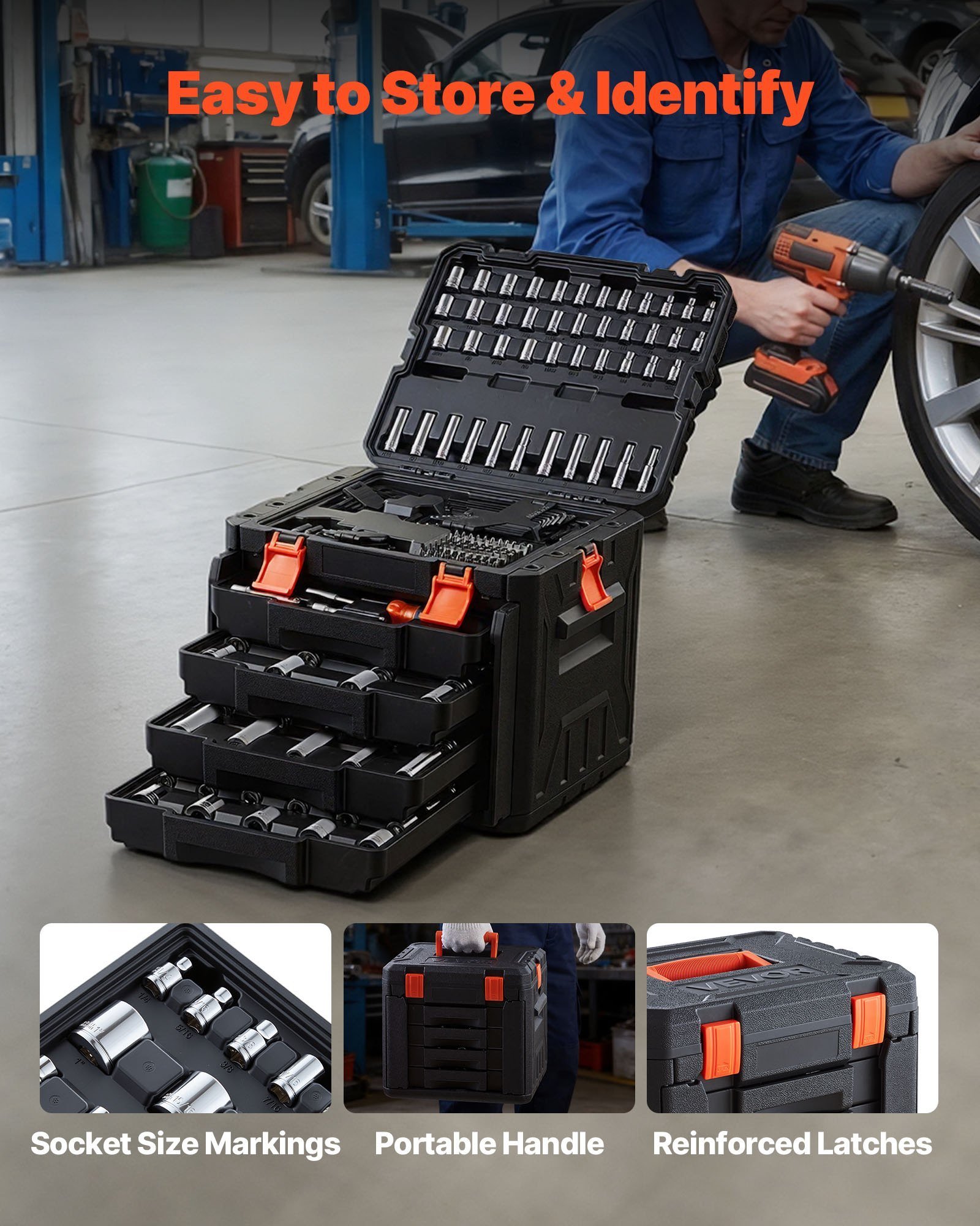 Mechanics Tool Set, 256-Piece Mechanic Tool Kit, 1/4 In, 3/8 In, And 1/2 In Drive, SAE And Metric Socket Set, Wrenches, Screwdriver Bits, Accessories, And Storage Case, For Automotive Repair - Image 6