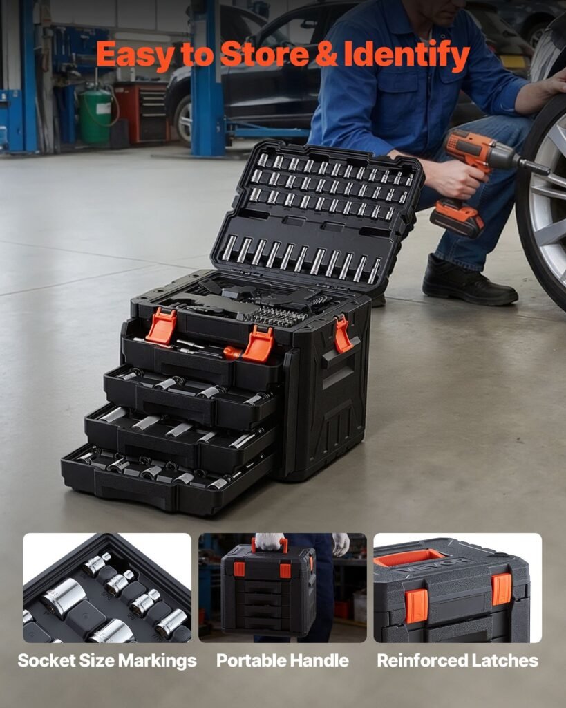 Mechanics Tool Set, 256-Piece Mechanic Tool Kit, 1/4 In, 3/8 In, And 1/2 In Drive, SAE And Metric Socket Set, Wrenches, Screwdriver Bits, Accessories, And Storage Case, For Automotive Repair