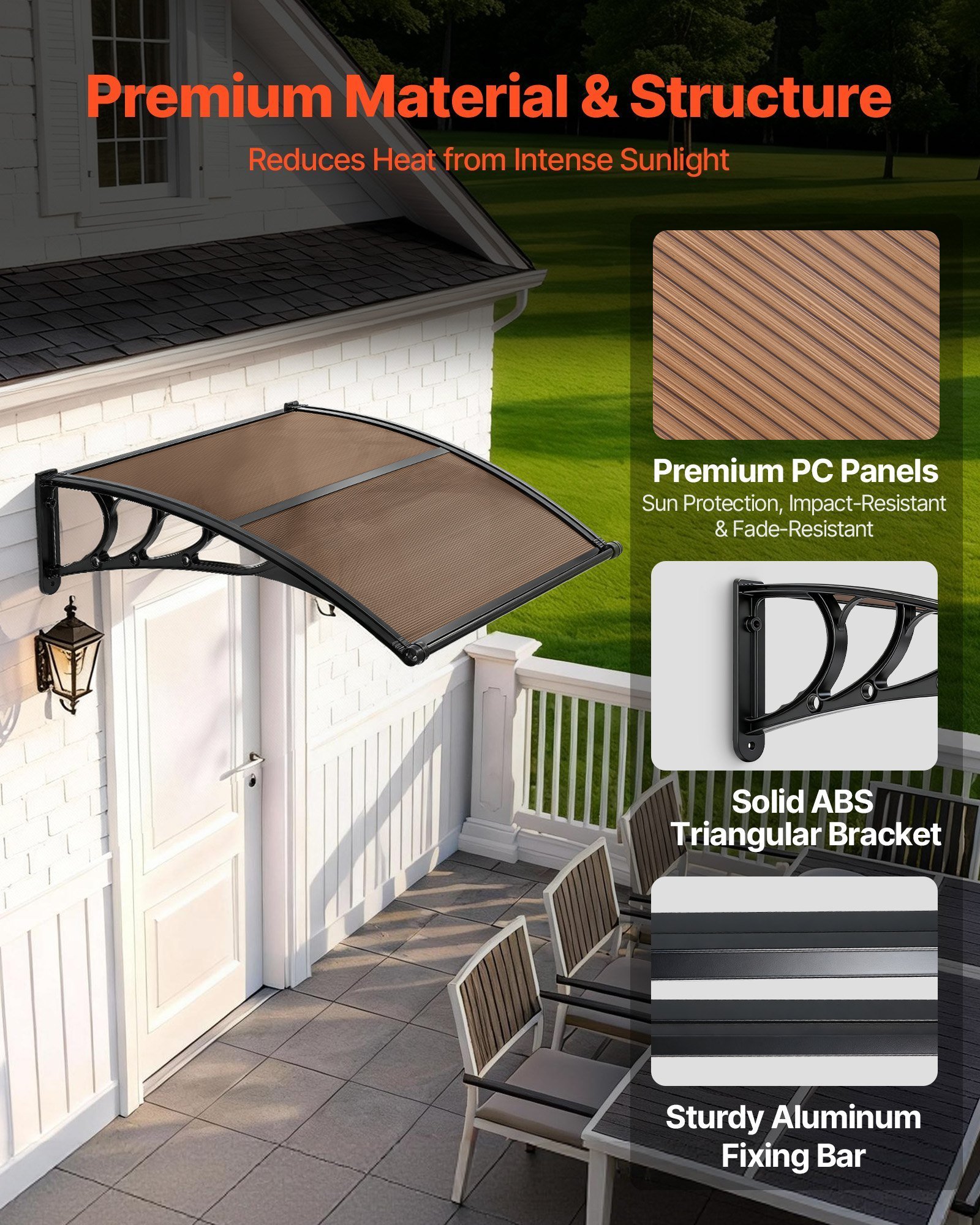 Awnings For Door Entrance, 38 X 40 In, Exterior Front Door Window Awnings With Drainage & ABS Bracket, Rain Snow Sun Protection, Overhang Polycarbonate Door Canopy For Porch Patio, Brown - Image 5