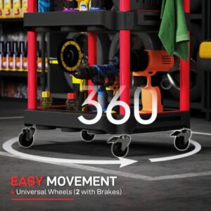 3-Tier Rolling Tool Cart, 200 LBS Capacity Plastic Utility Cart With Side Shelves For Garage, Workshop, Black And Red - Image 6