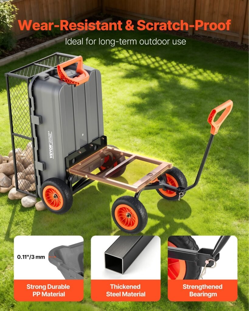 Garden Dump Cart, 800 Lbs Poly Dump Cart, Garden Carts Dumps Wagon With Storage Fence, 90° Quick-Dumps Mechanism, 180° Swivel Wheels, 90° Rotating Handle, Yard Wagon For Plants, Soil, Crops