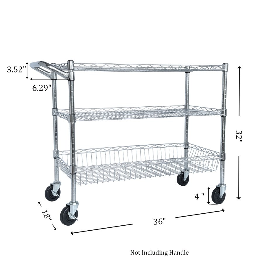 Heavy Duty Rolling Utility Cart,3 Tier Rolling Carts With Wheels,with Handle Bar & Shelf Liners,36inchx18inchx32inchStorage Cart For Kitchen,Restaurant,Plant Display,Chrome