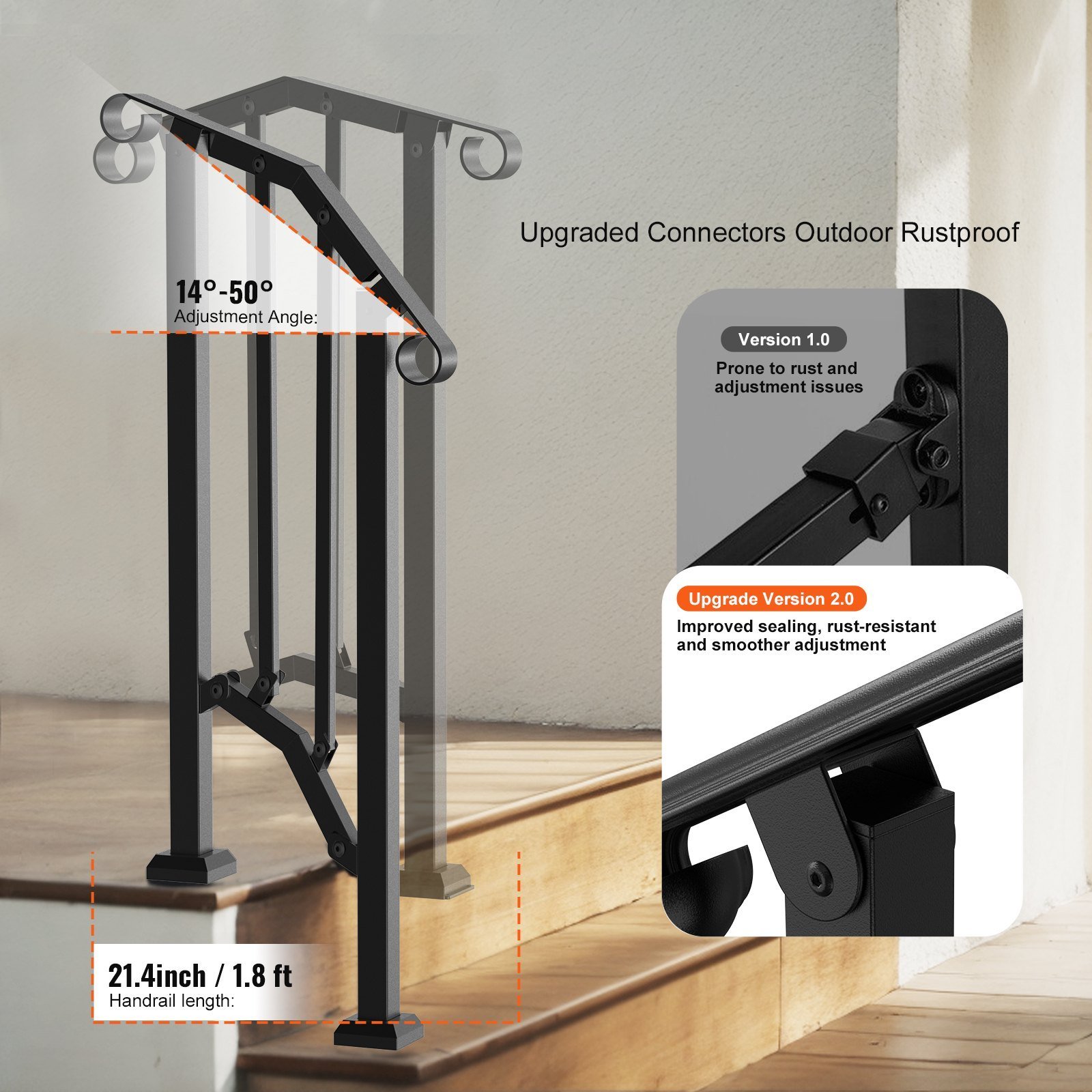 1-2 Step Handrails For Outdoor For Seniors Porch Deck Retro Arch Black - Image 2
