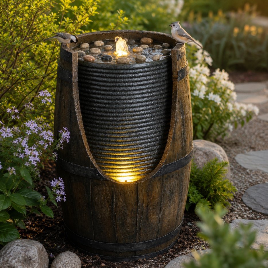 Outdoor Water Fountain With Bird Waterer, Rustic Barrel Garden Fountain With LED Lights And Pump, Faux Wood Resin Water Feature For Patio Backyard Porch Yard