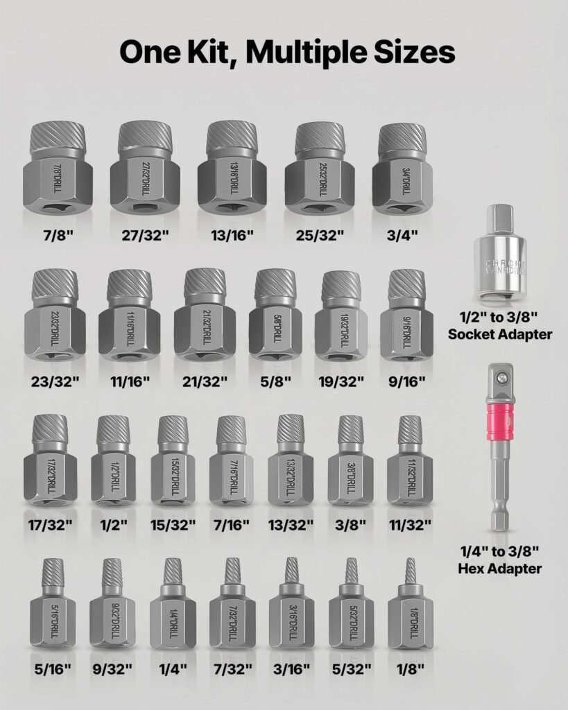 Screw Extractor Set, 27 Pieces Hex Head Multi-Spline Easy Out Bolt Extractor Tool, With Adapters, Solid Storage Case, Cr-Mo Steel Stripped Bolt Remover For Removing Rounded, Broken Bolts, Screws