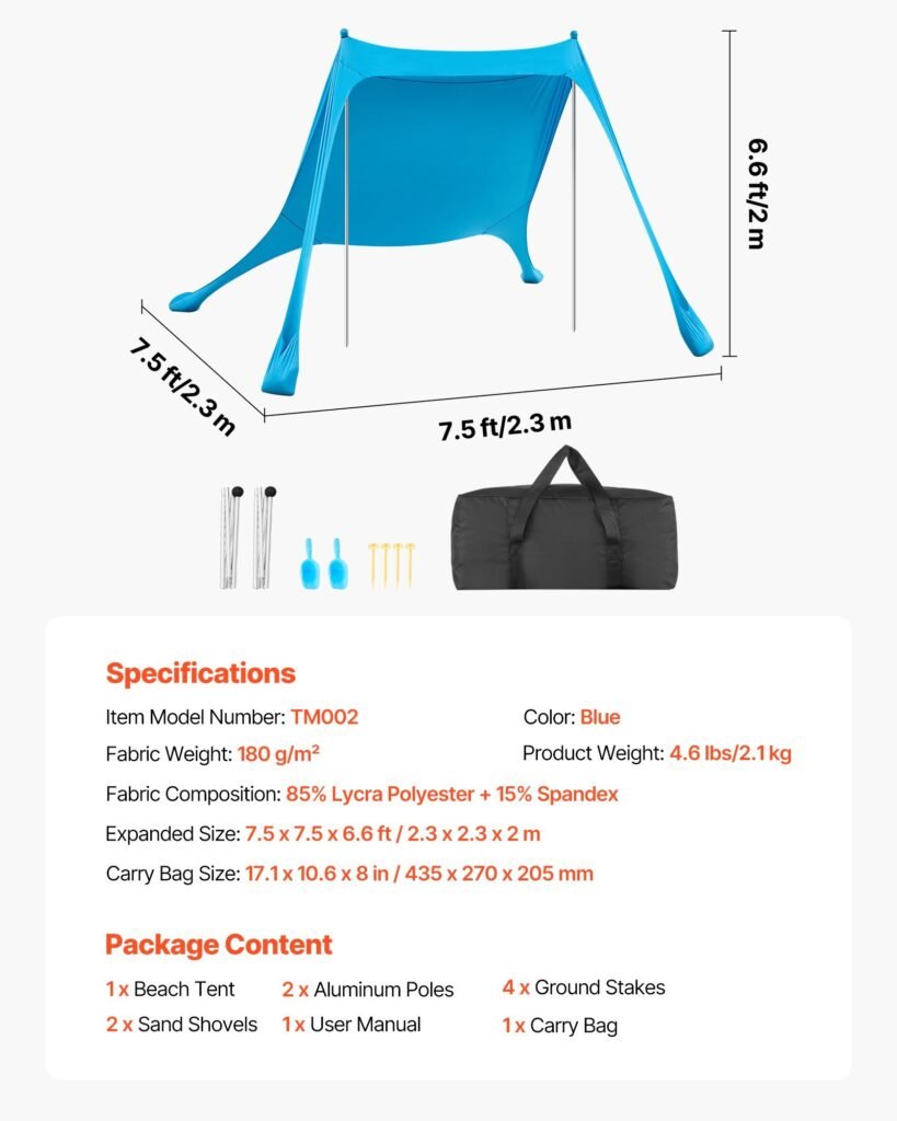 Beach Tent Sun Shelter, UPF50+ Sun Protection, 6.6 Ft Tall, 7.5x7.5 Ft, Easy Pop Up Beach Canopy With Sandbags, Stability Poles, Sand Shovels, Portable Shade For Family Outings, Camping, Fishing