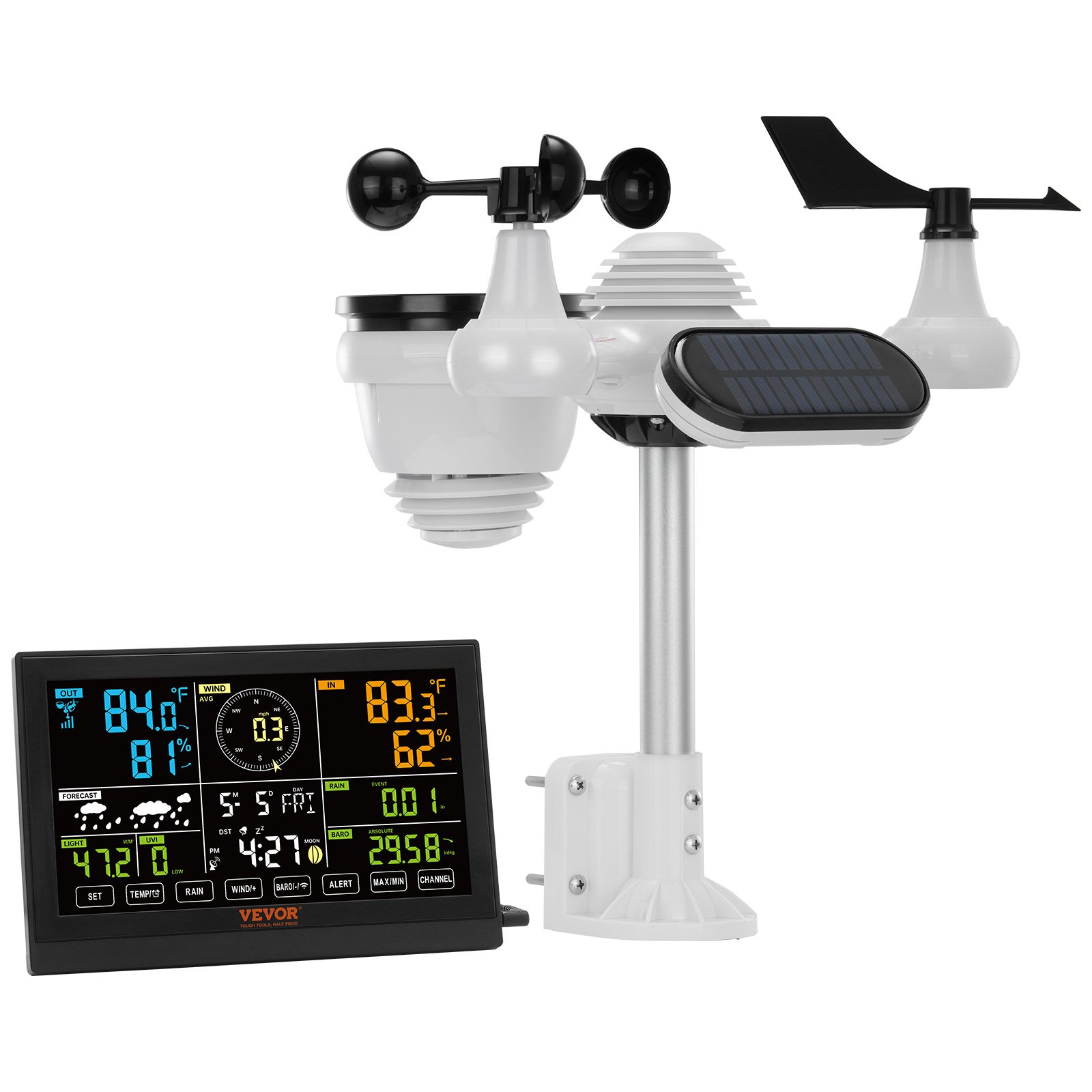 VEVOR 7-in-1 Wireless Weather Station, 7.5 In Large Color Display, Digital Home Weather Station Indoor Outdoor, For Temperature Humidity Wind Speed,Direction Rain UV, With Forecast Data, Alarm, Alerts - Image 1